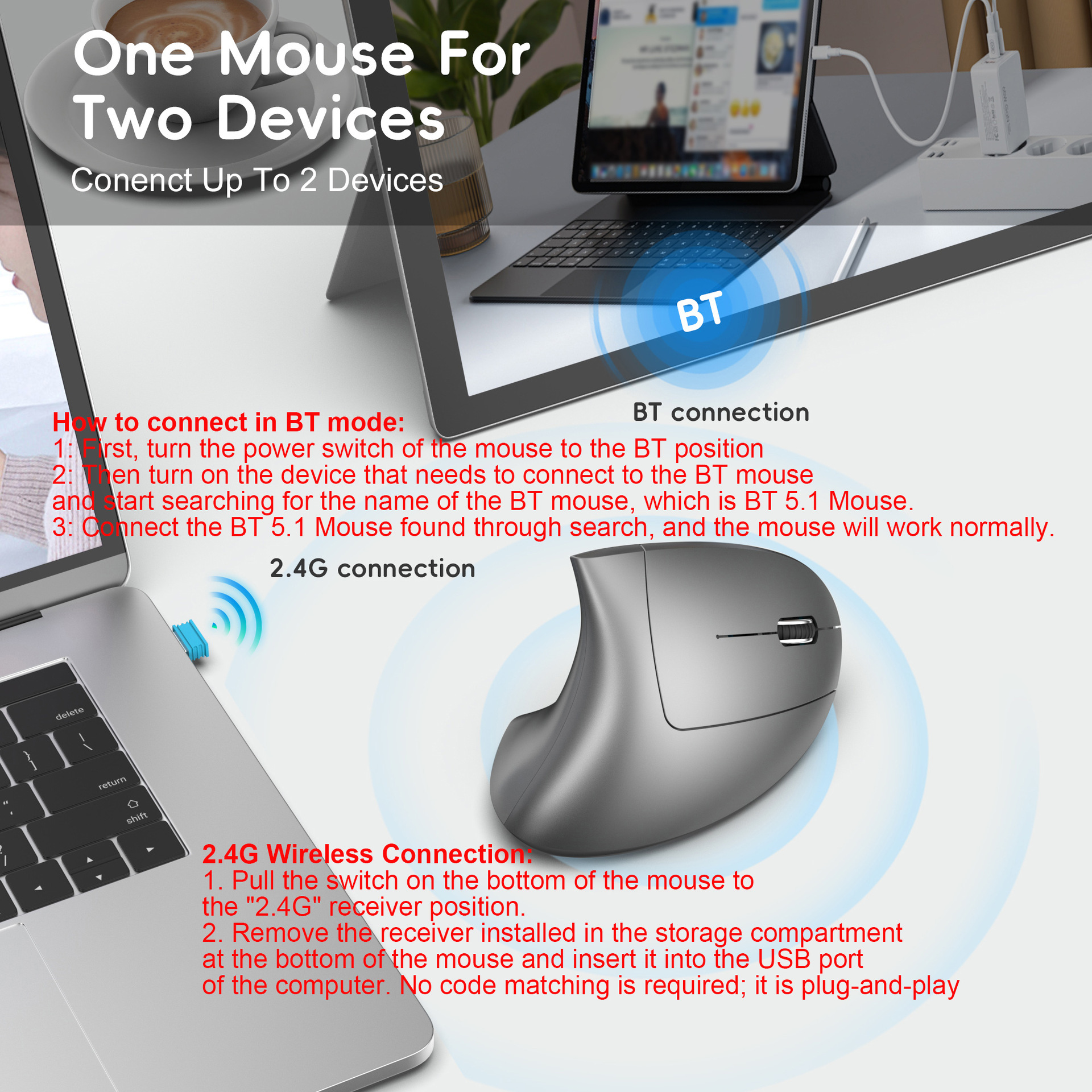 Ergonomic Vertical Mouse - 2.4G + BT5.1 Dual Mode, 2400dpi Adjustable, Silent Design - Image 6