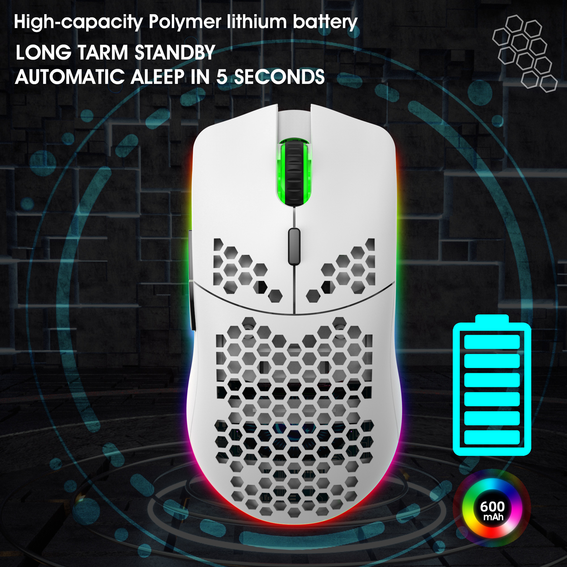 Honeycomb RGB Wireless Mouse, 2.4G Lightweight Hollow Design - Image 5