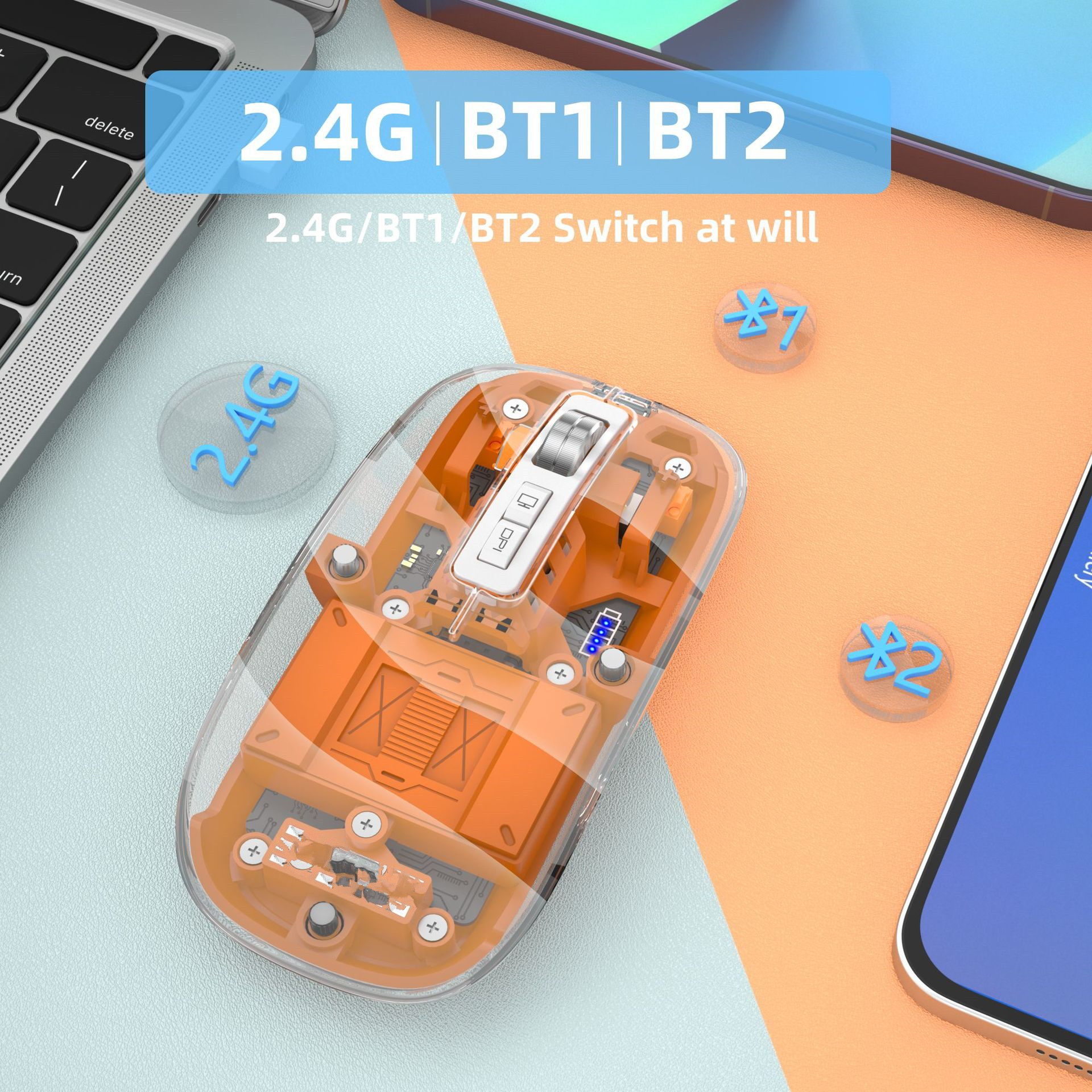 Transparent Wireless Mouse - Tri-Mode, Silent Magnetic Charging, Battery Display - Image 6