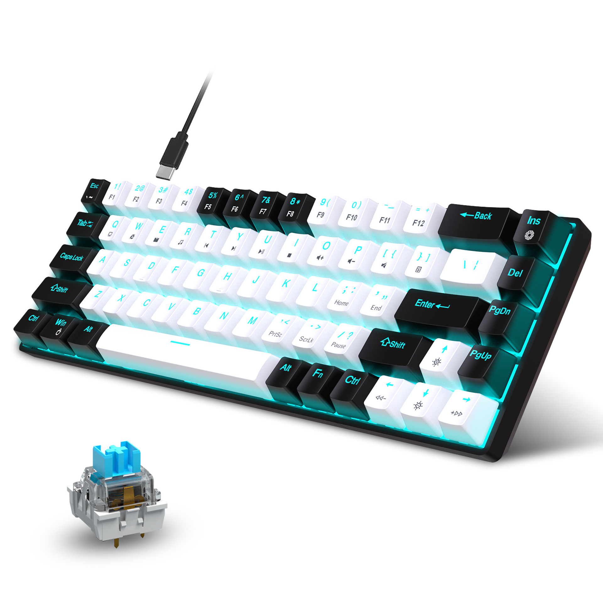 68-Key Hot-Swappable Wired Mechanical Gaming Keyboard – Clicky Blue Switches, Double-Shot PBT Keycaps & Ice-Blue Backlight