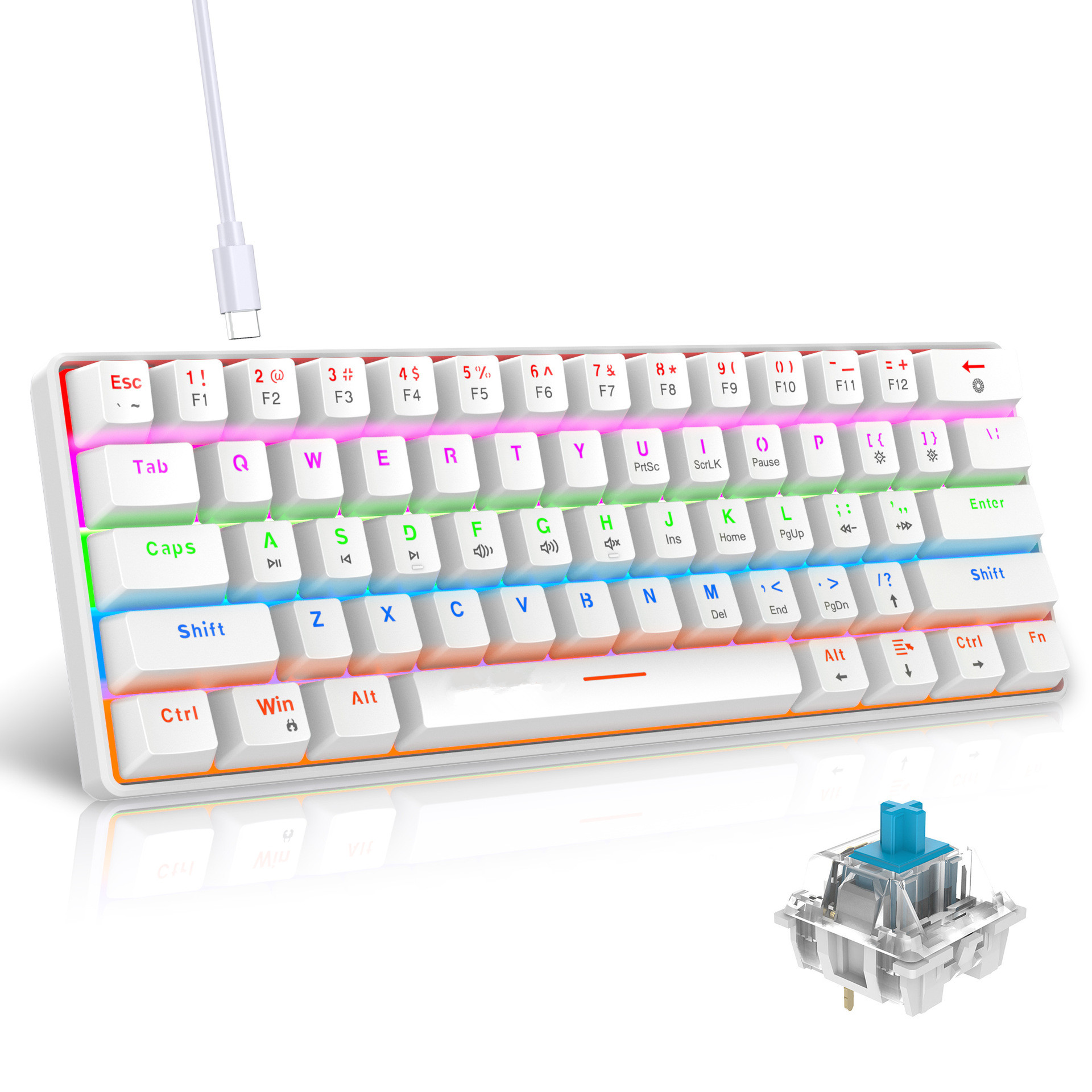 61-Key Wired Mechanical Gaming Keyboard – Clicky Blue Switches, Rainbow RGB Backlight