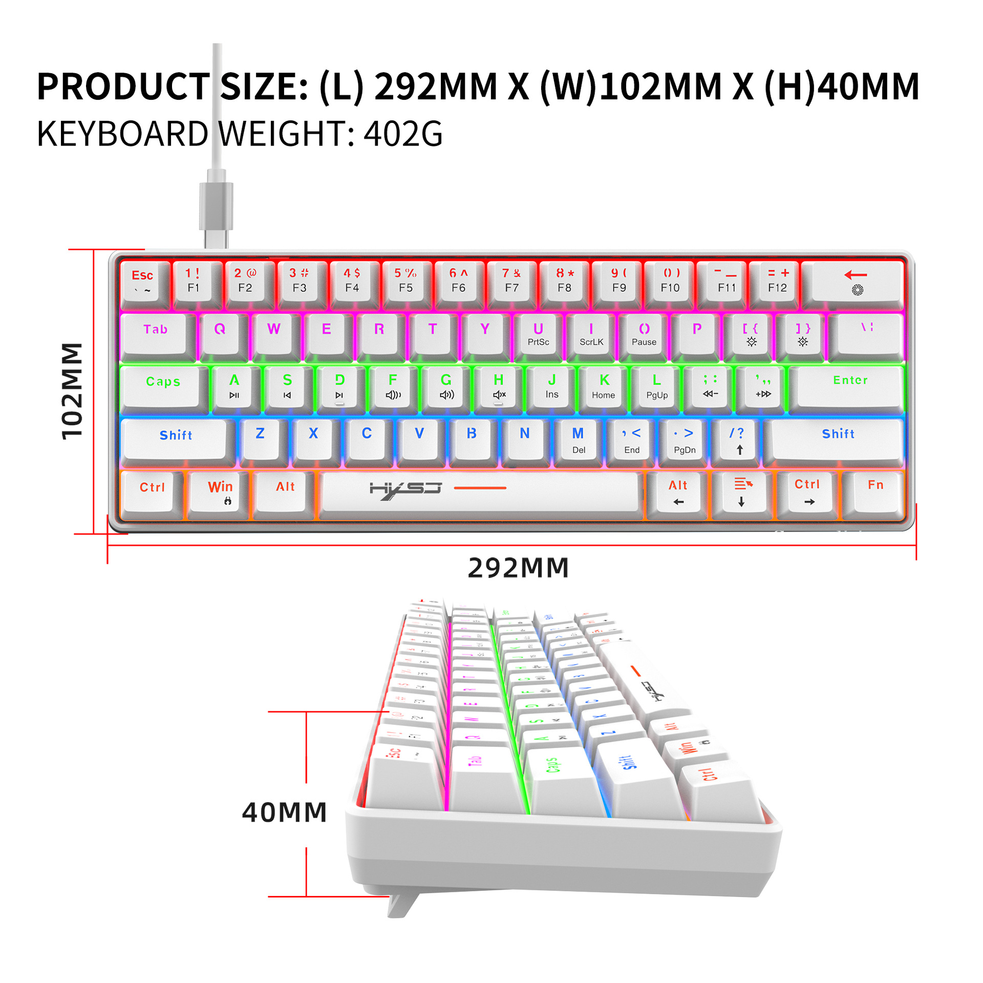 61-Key Wired Mechanical Gaming Keyboard – Clicky Blue Switches, Rainbow RGB Backlight - Image 4